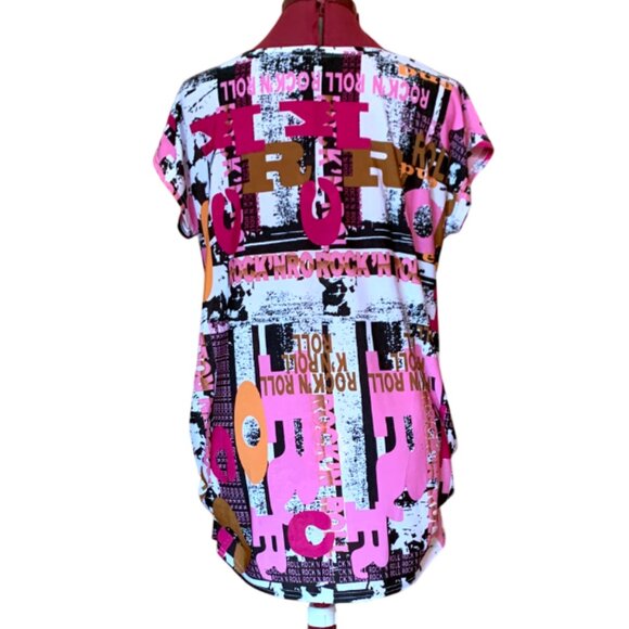 LOBO / Pink B&W - Graphic Print Women's Top Tunic short sleeves/ Large - Picture 3 of 12
